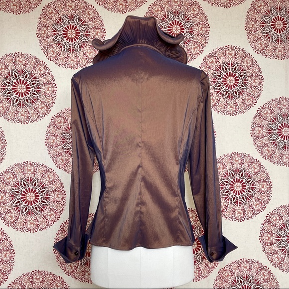 Samuel Dong Brown Ruffled Stretch Jacket Size M 8 - Picture 4 of 11